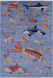Blue Fish Design Persian Gabbeh Hand Knotted Wool Rug - 6' 1" X 8' 10" - Golden Nile