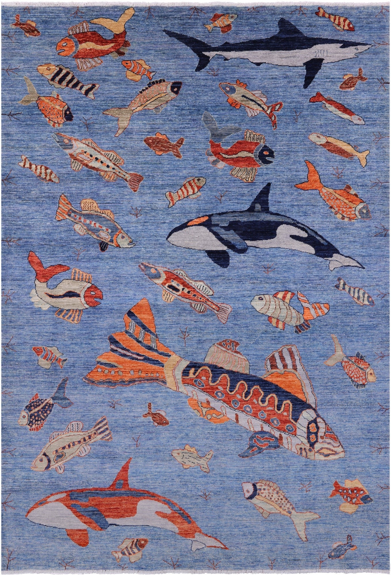 Blue Fish Design Persian Gabbeh Hand Knotted Wool Rug - 6' 1" X 8' 10" - Golden Nile