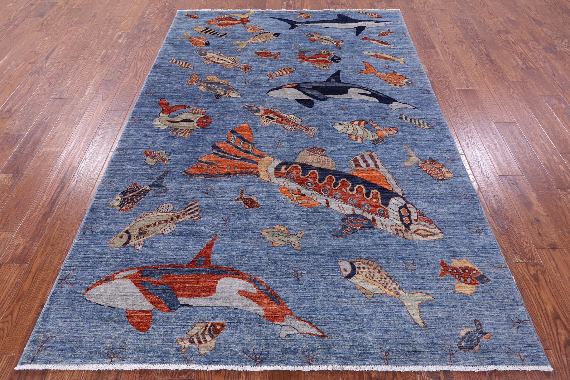 Blue Fish Design Persian Gabbeh Hand Knotted Wool Rug - 6' 1" X 8' 10" - Golden Nile