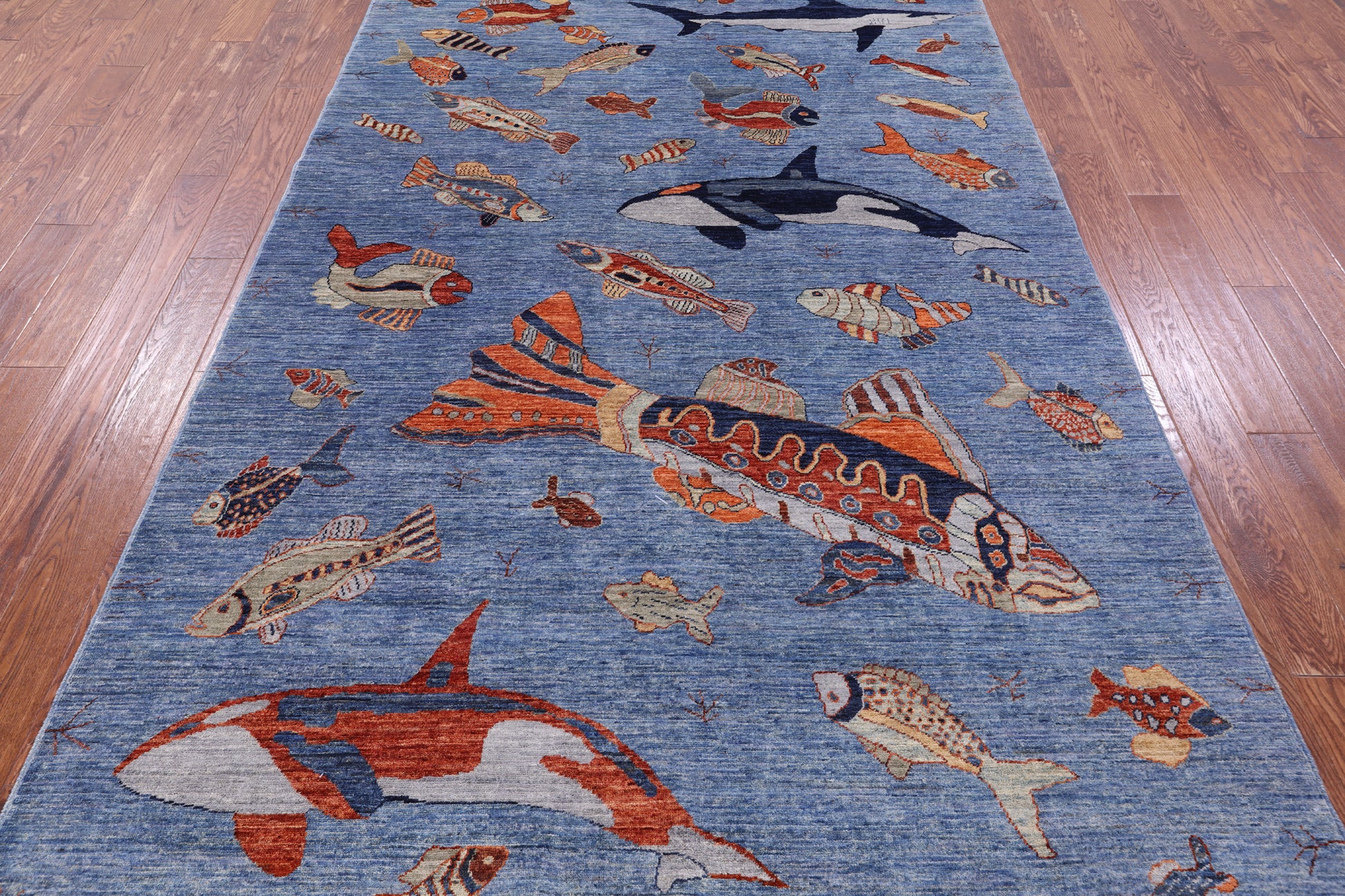 Blue Fish Design Persian Gabbeh Hand Knotted Wool Rug - 6' 1" X 8' 10" - Golden Nile