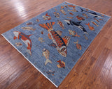 Blue Fish Design Persian Gabbeh Hand Knotted Wool Rug - 6' 1" X 8' 10" - Golden Nile