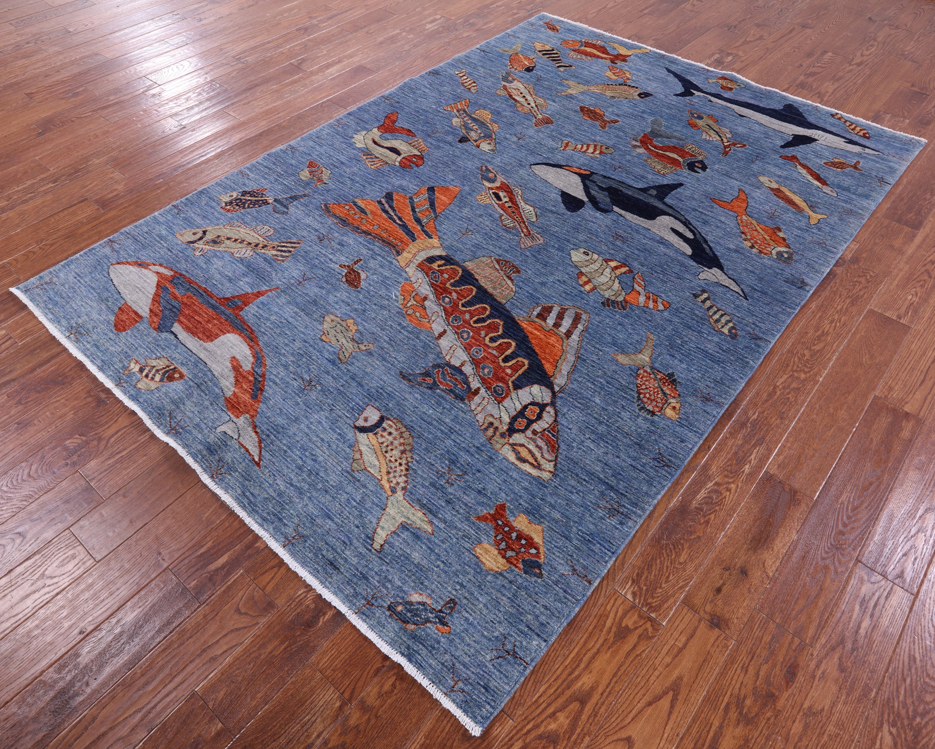 Blue Fish Design Persian Gabbeh Hand Knotted Wool Rug - 6' 1" X 8' 10" - Golden Nile