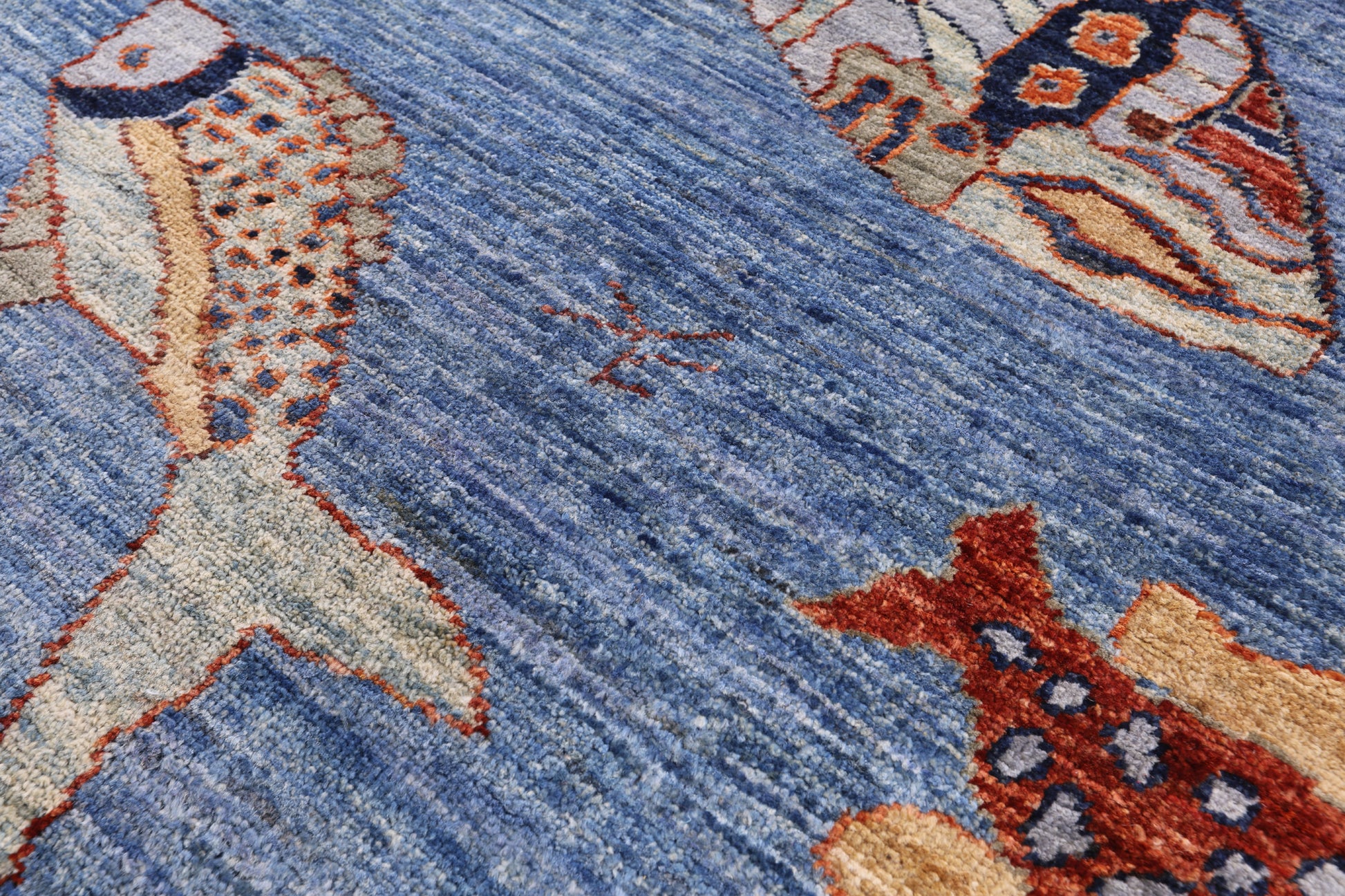 Blue Fish Design Persian Gabbeh Hand Knotted Wool Rug - 6' 1" X 8' 10" - Golden Nile