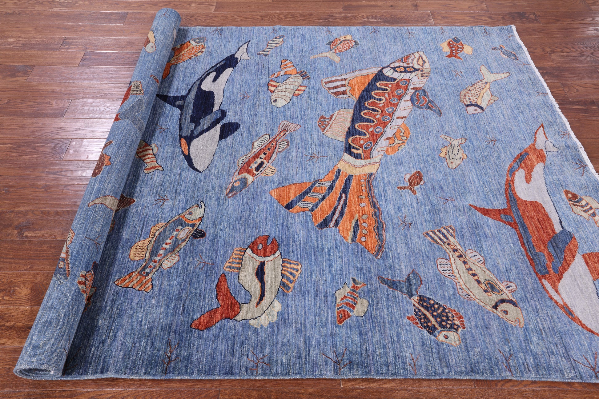 Blue Fish Design Persian Gabbeh Hand Knotted Wool Rug - 6' 1" X 8' 10" - Golden Nile