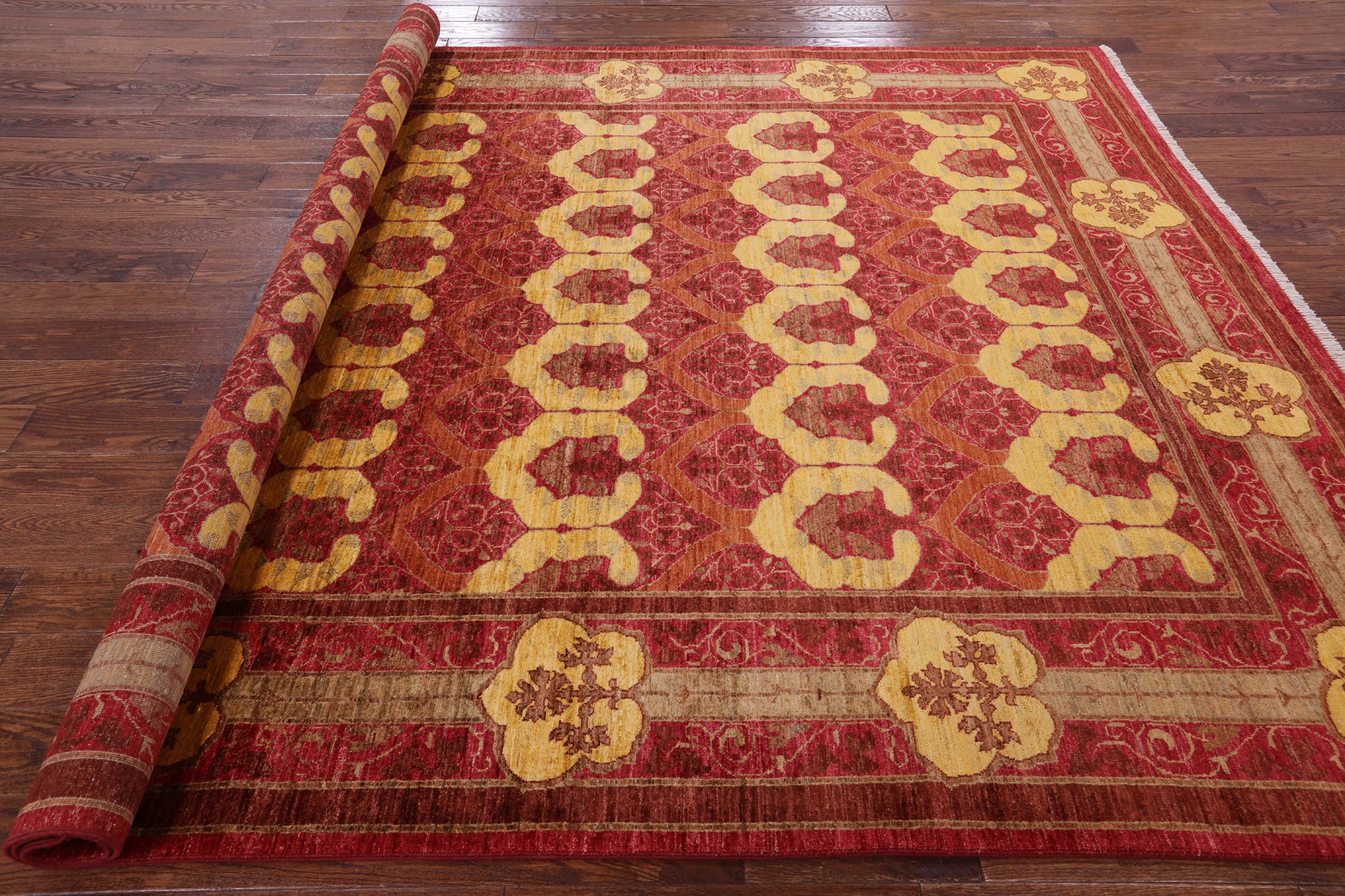 Red William Morris Handmade Wool Area Rug - 8' 2" X 9' 8" - Golden Nile