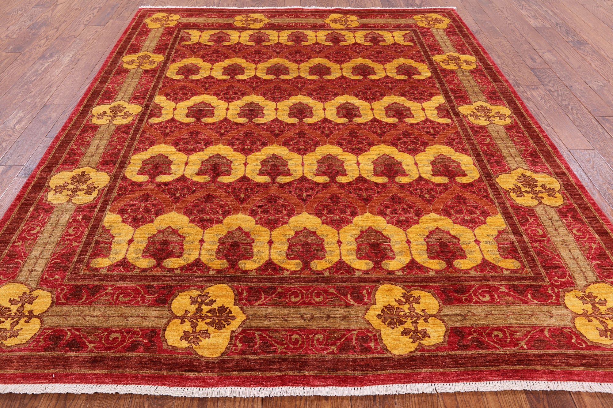 Red William Morris Handmade Wool Area Rug - 8' 2" X 9' 8" - Golden Nile