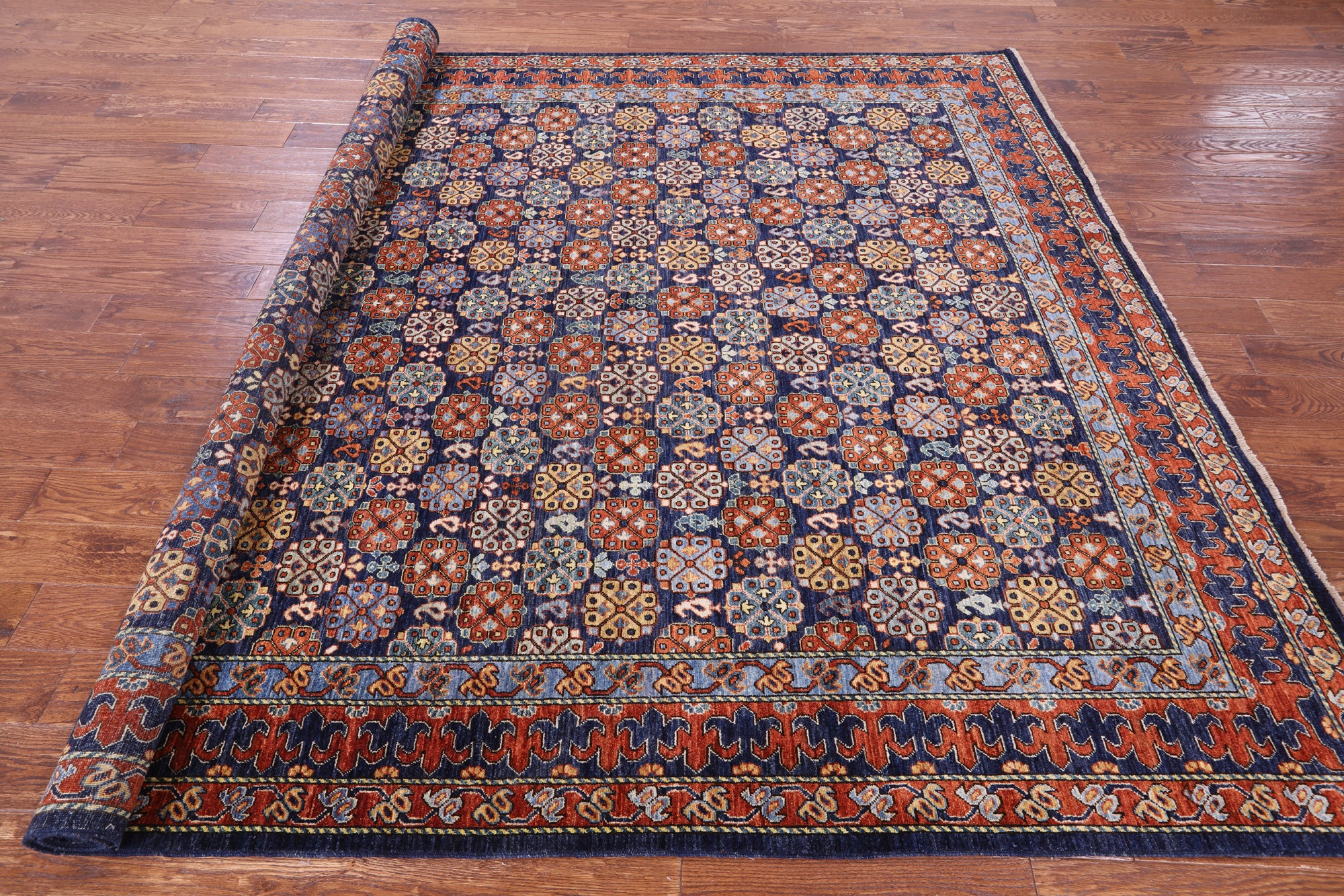 Blue Turkmen Ersari Hand Knotted Wool Rug - 7' 11" X 9' 9" - Golden Nile