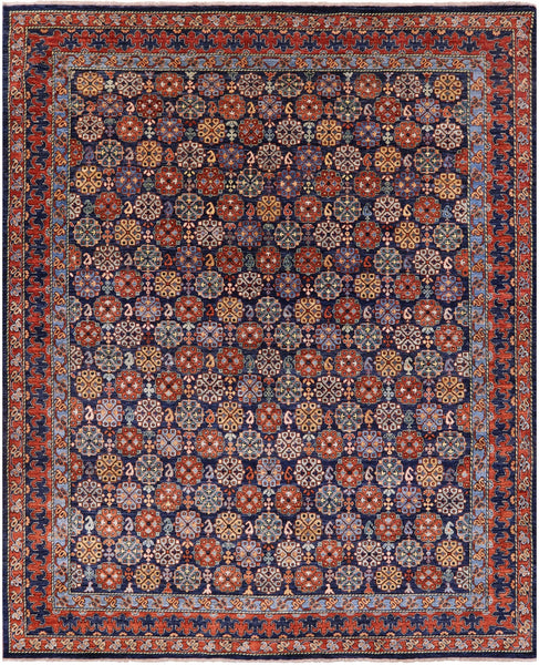 Blue Turkmen Ersari Hand Knotted Wool Rug - 7' 11" X 9' 9" - Golden Nile