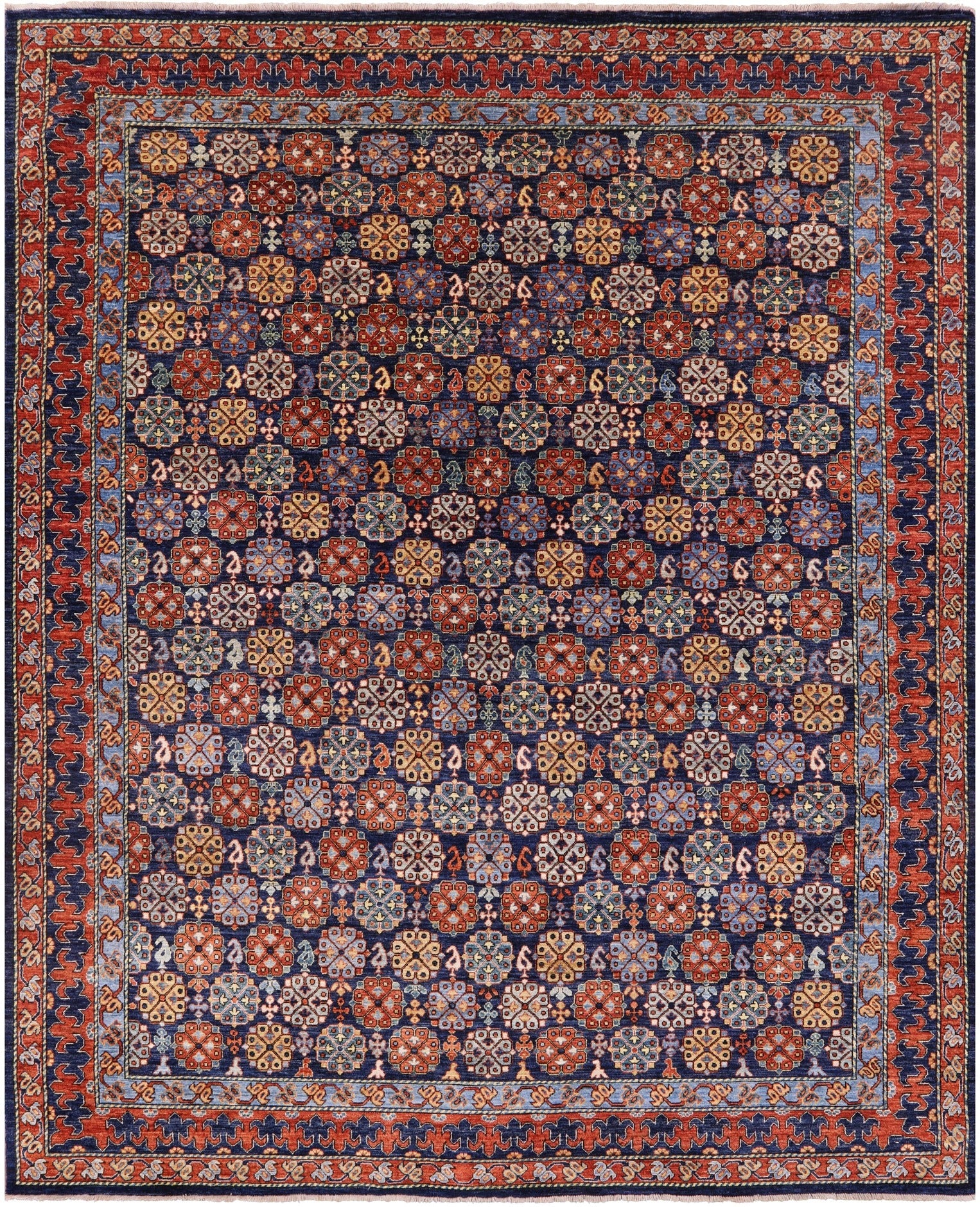 Blue Turkmen Ersari Hand Knotted Wool Rug - 7' 11" X 9' 9" - Golden Nile