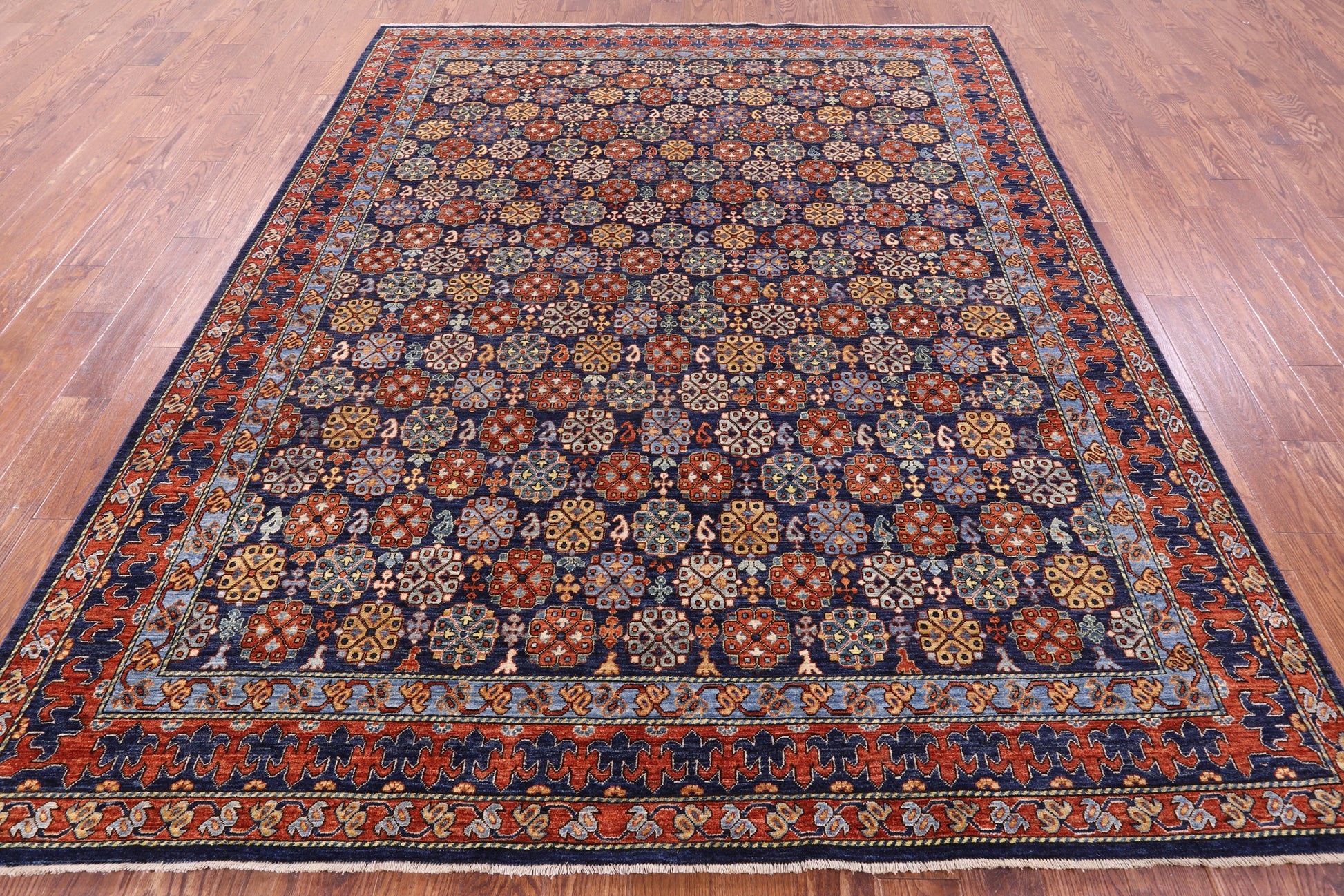 Blue Turkmen Ersari Hand Knotted Wool Rug - 7' 11" X 9' 9" - Golden Nile
