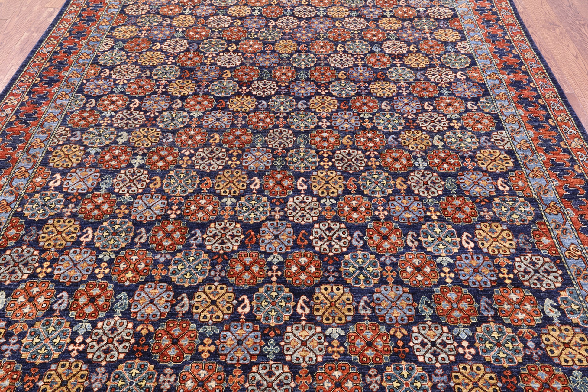 Blue Turkmen Ersari Hand Knotted Wool Rug - 7' 11" X 9' 9" - Golden Nile