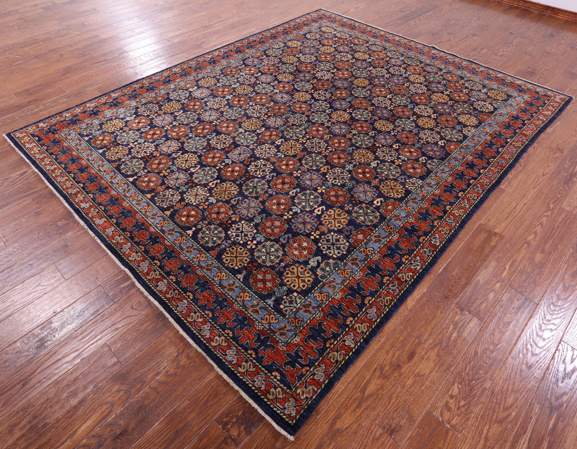 Blue Turkmen Ersari Hand Knotted Wool Rug - 7' 11" X 9' 9" - Golden Nile