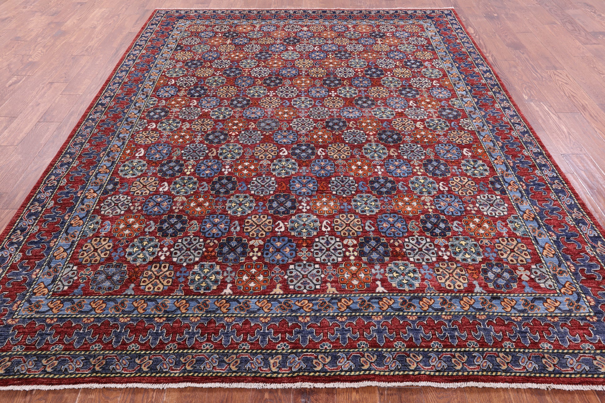 Red Turkmen Ersari Hand Knotted Wool Rug - 7' 10" X 9' 10" - Golden Nile
