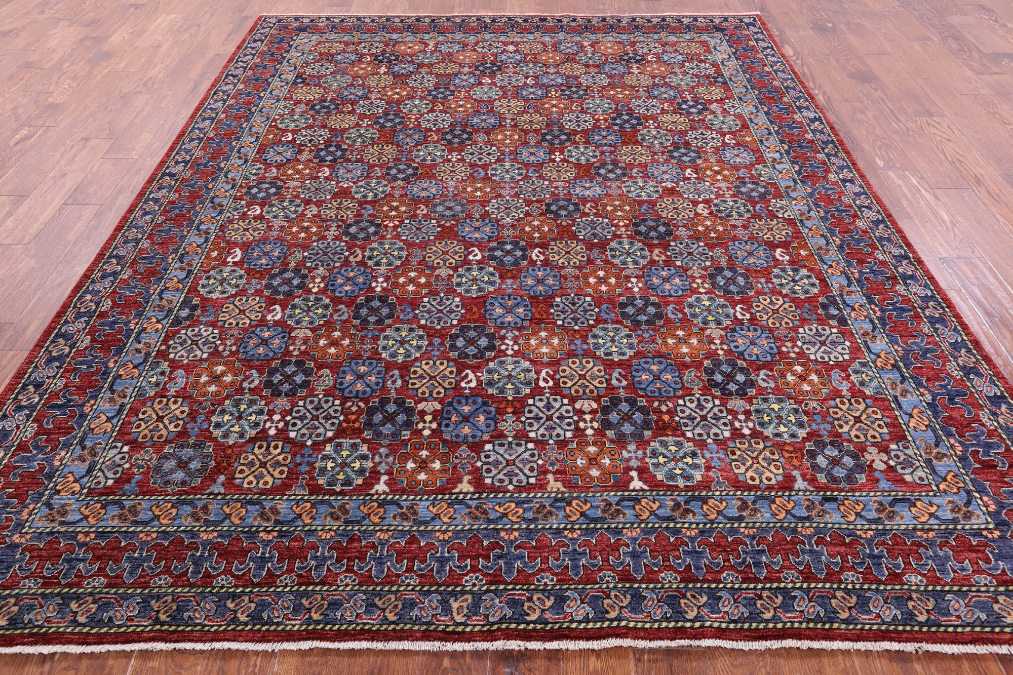 Red Turkmen Ersari Hand Knotted Wool Rug - 7' 10" X 9' 10" - Golden Nile