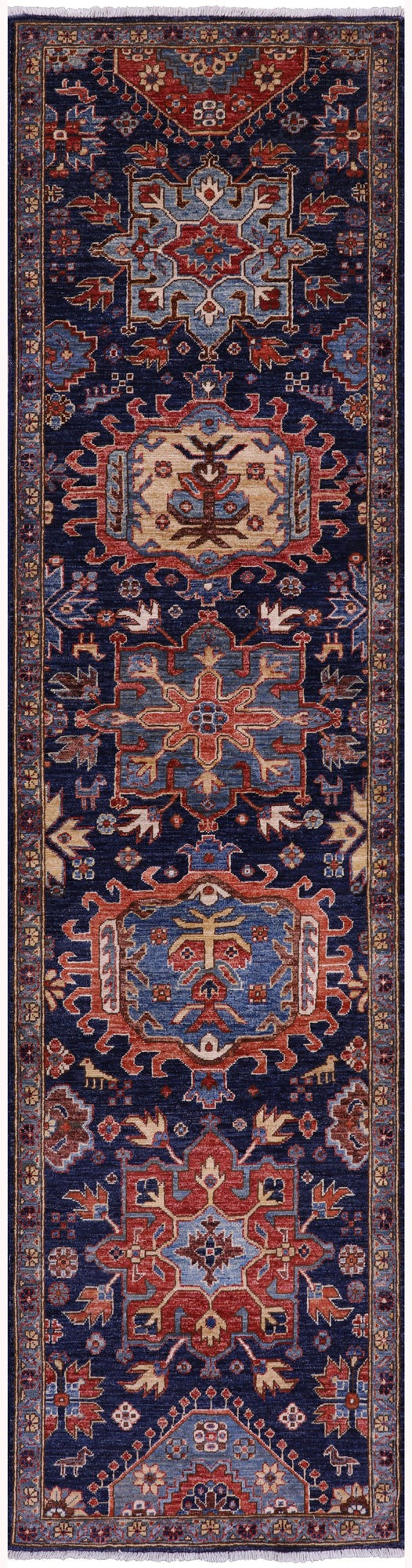 Blue Persian Fine Serapi Hand Knotted Wool Runner Rug - 2' 7" X 10' 1" - Golden Nile