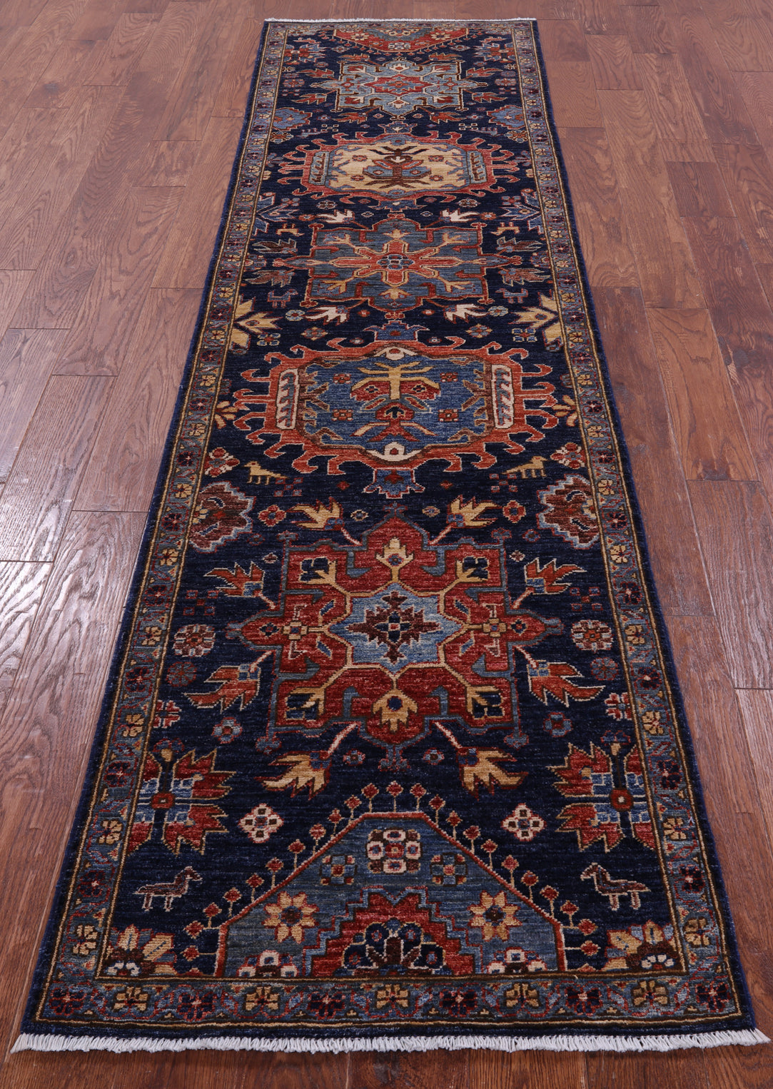 Blue Persian Fine Serapi Hand Knotted Wool Runner Rug - 2' 7" X 10' 1" - Golden Nile