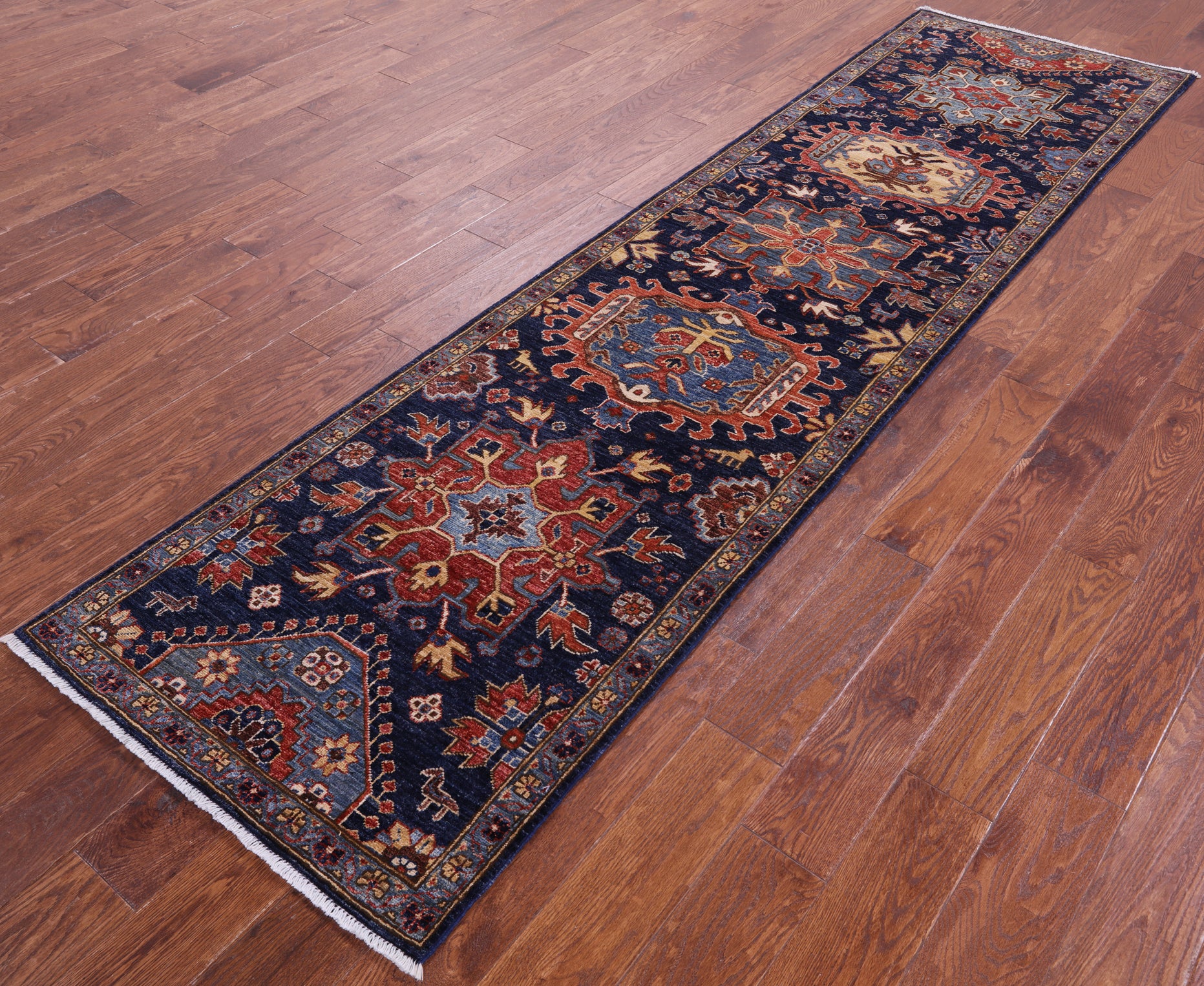 Blue Persian Fine Serapi Hand Knotted Wool Runner Rug - 2' 7" X 10' 1" - Golden Nile