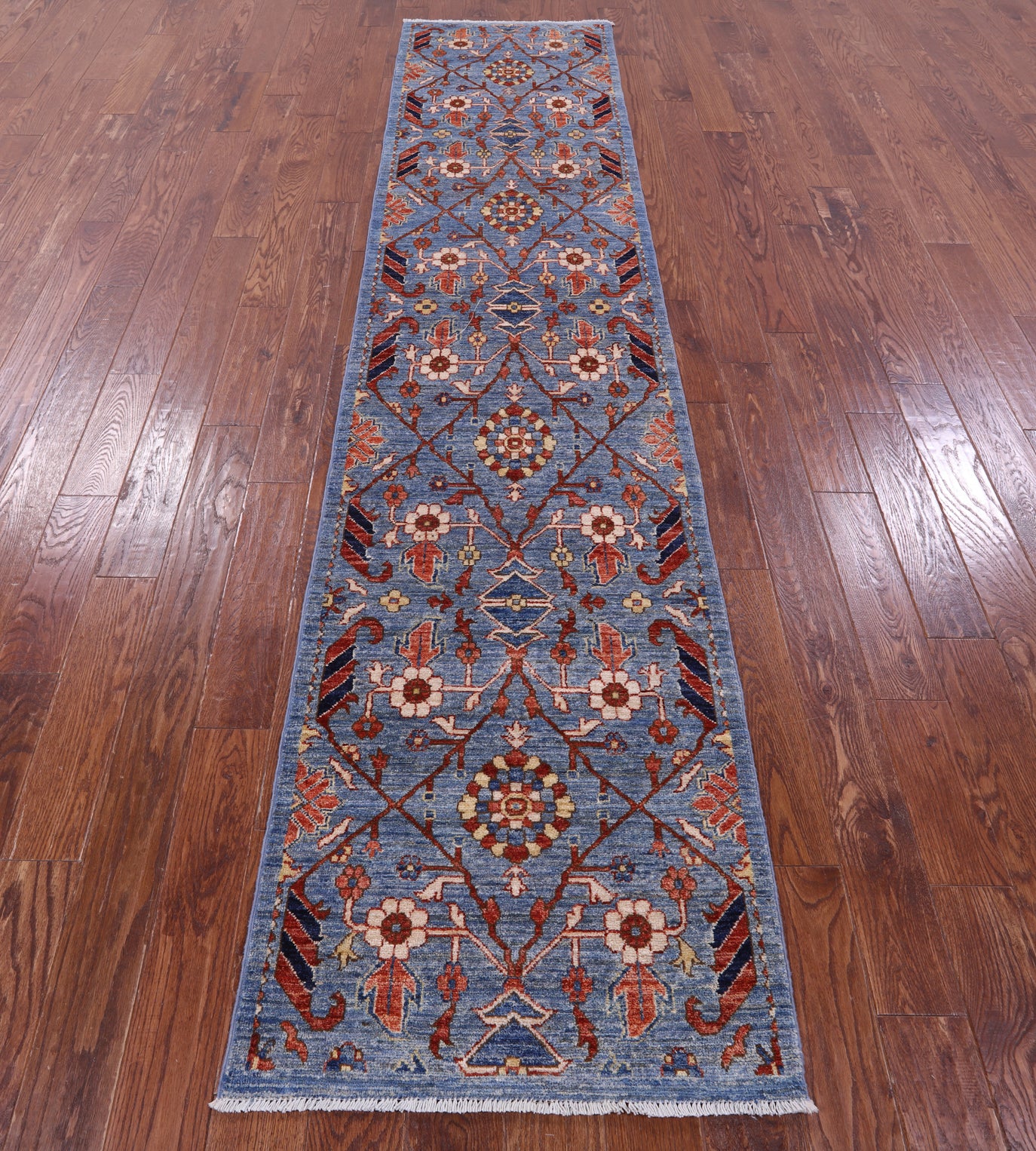 Blue Persian Fine Serapi Hand Knotted Wool Runner Rug - 2' 6" X 11' 6" - Golden Nile