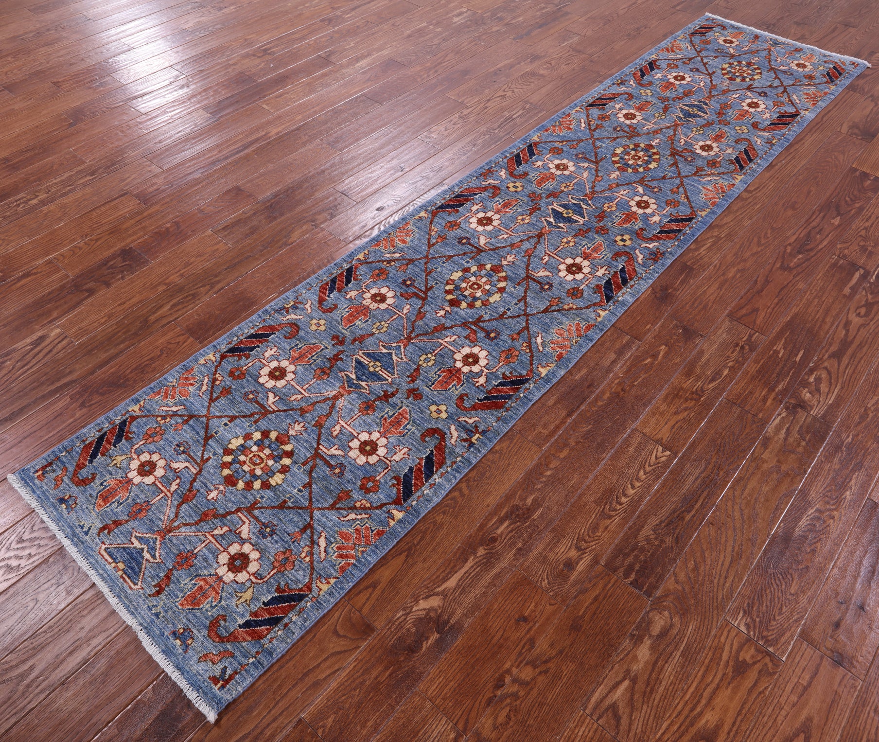 Blue Persian Fine Serapi Hand Knotted Wool Runner Rug - 2' 6" X 11' 6" - Golden Nile