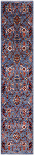 Blue Persian Fine Serapi Hand Knotted Wool Runner Rug - 2' 6" X 11' 6" - Golden Nile