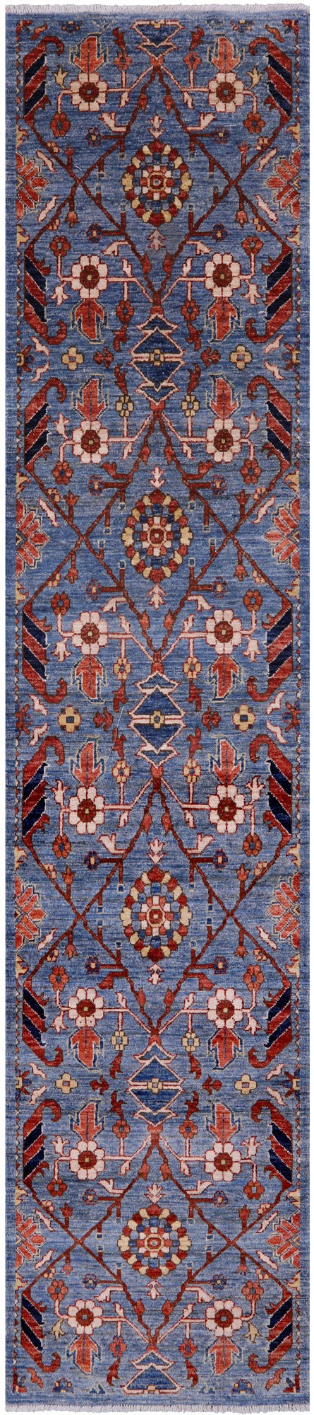 Blue Persian Fine Serapi Hand Knotted Wool Runner Rug - 2' 6" X 11' 6" - Golden Nile
