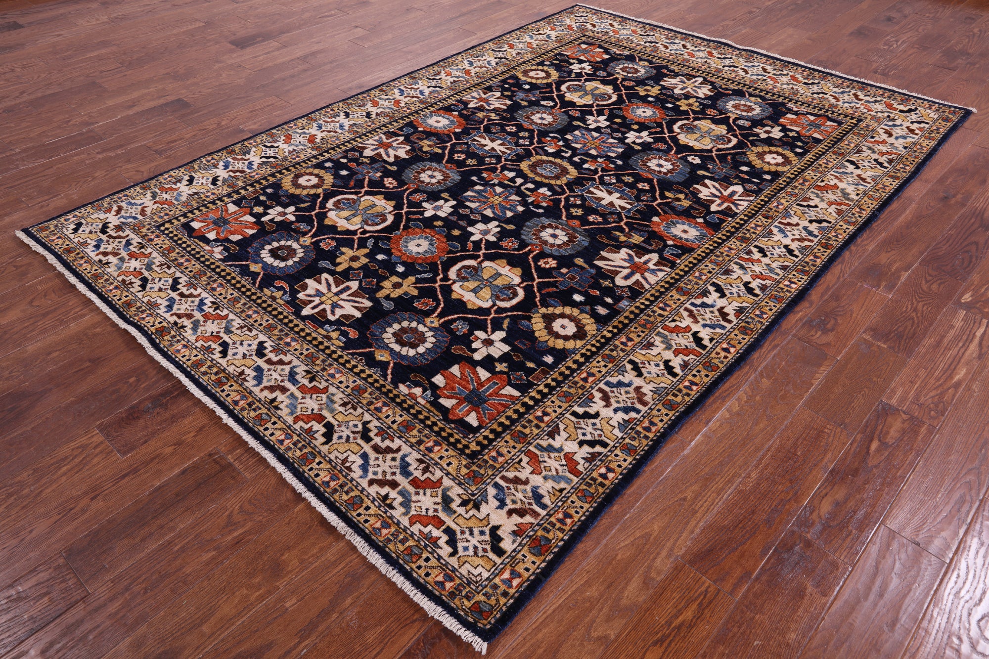 Blue Persian Fine Serapi Handmade Wool Rug - 6' 2" X 9' 1" - Golden Nile