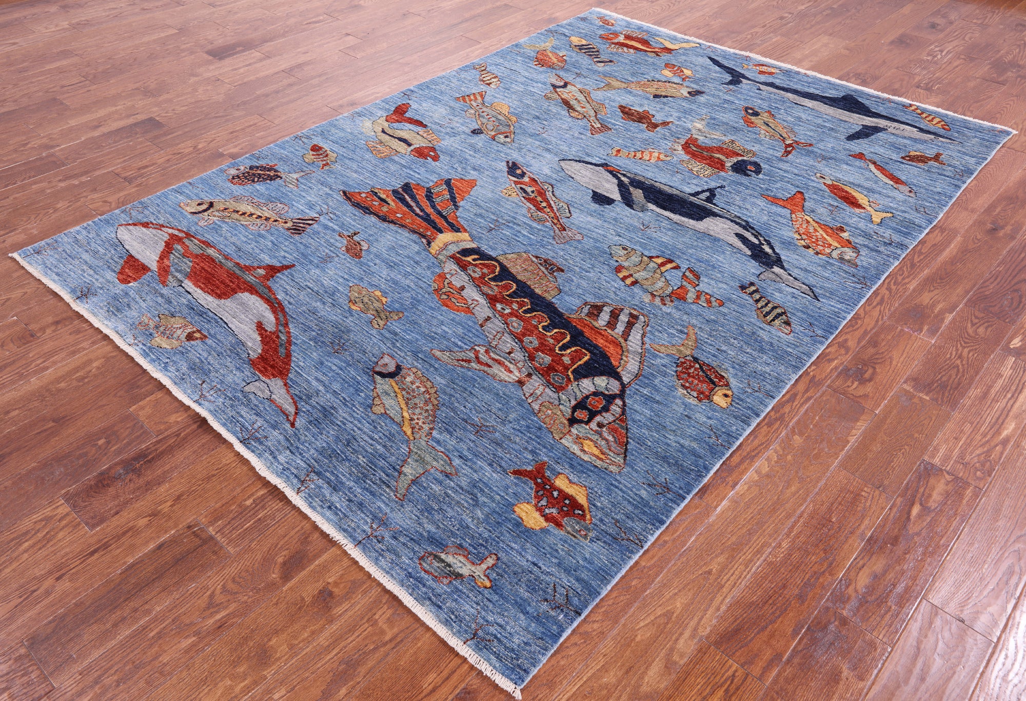 blue hand hooked wool rug blue fish Blue 6' 1" X 8' 8" Gabbeh Fish Design Handmade Wool Rug