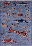 Blue Fish Design Persian Gabbeh Hand Knotted Wool Rug - 6' 1" X 8' 8" - Golden Nile