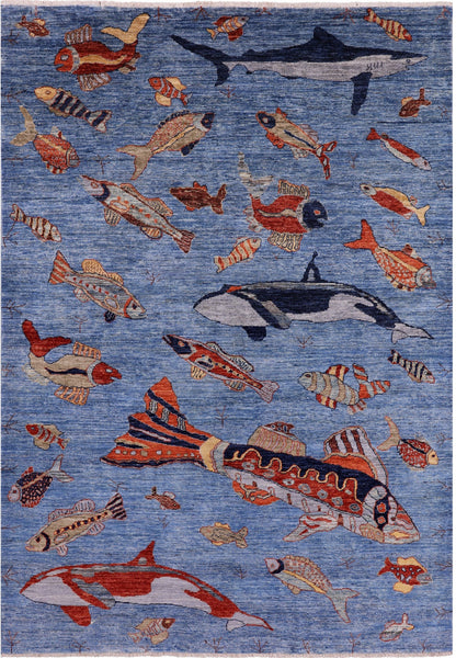 Blue Fish Design Persian Gabbeh Hand Knotted Wool Rug - 6' 1" X 8' 8" - Golden Nile