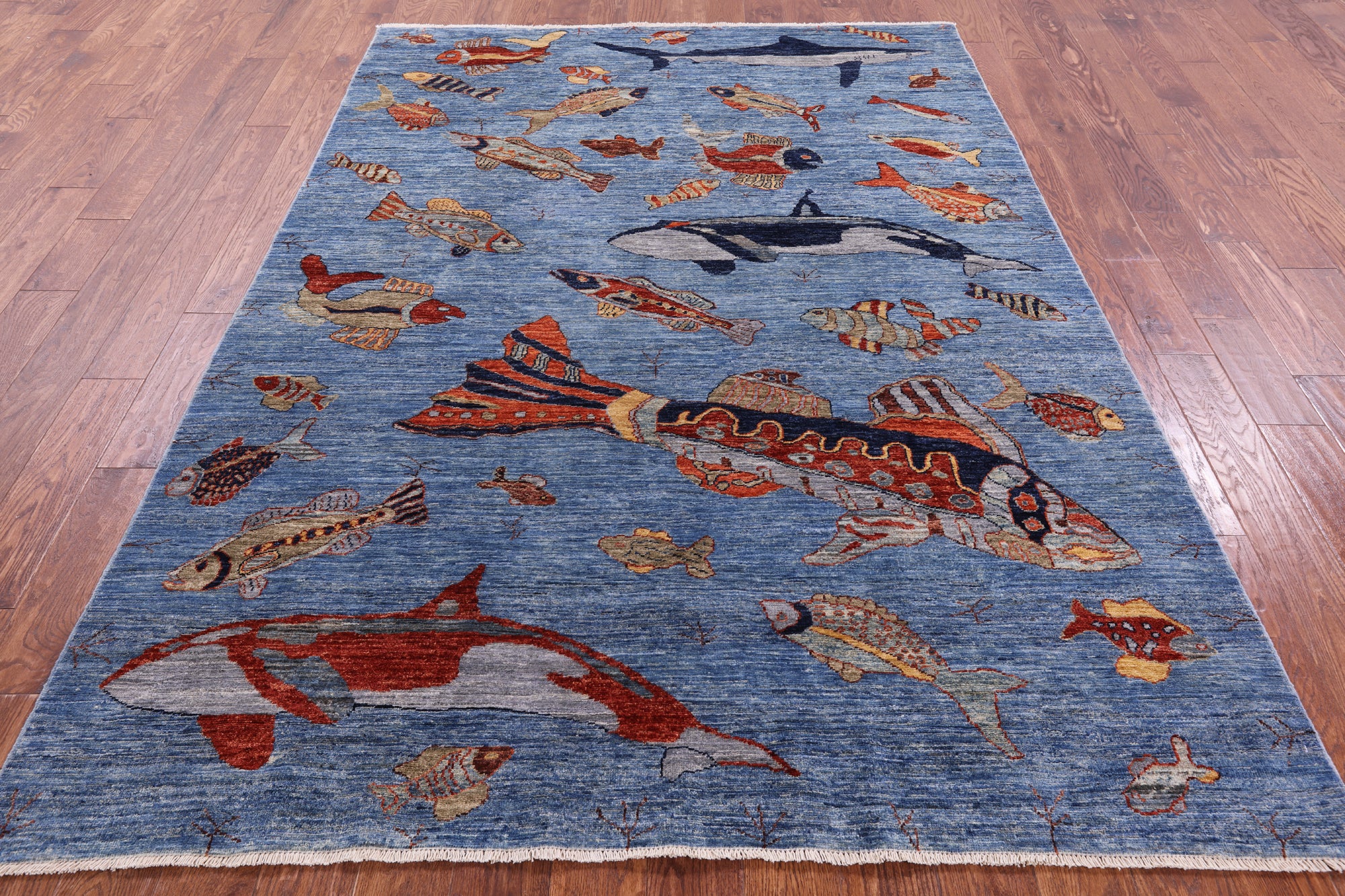 blue hand hooked wool rug blue fish Blue 6' 1" X 8' 8" Gabbeh Fish Design Handmade Wool Rug