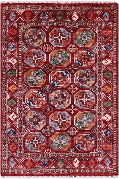 Red Turkmen Ersari Hand Knotted Wool Rug - 4' 1" X 6' 1" - Golden Nile