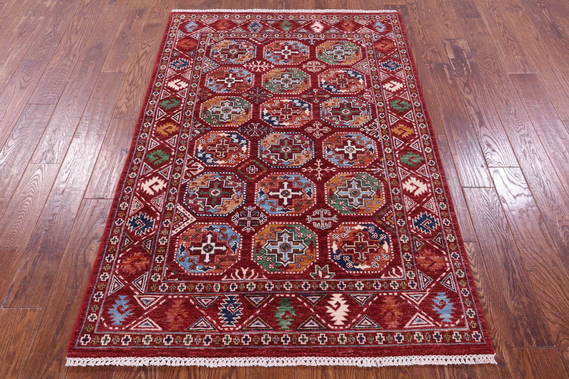 Red Turkmen Ersari Hand Knotted Wool Rug - 4' 1" X 6' 1" - Golden Nile
