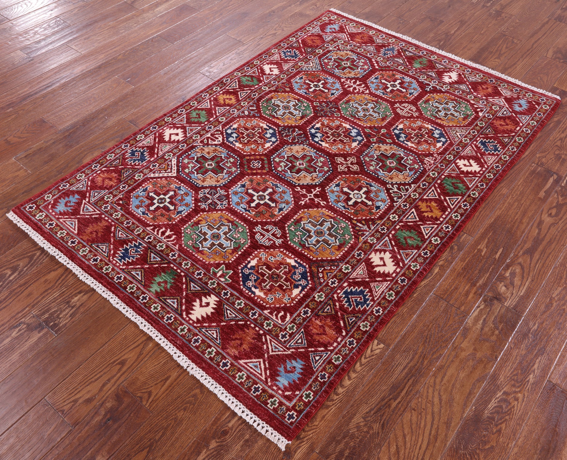 Red Turkmen Ersari Hand Knotted Wool Rug - 4' 1" X 6' 1" - Golden Nile