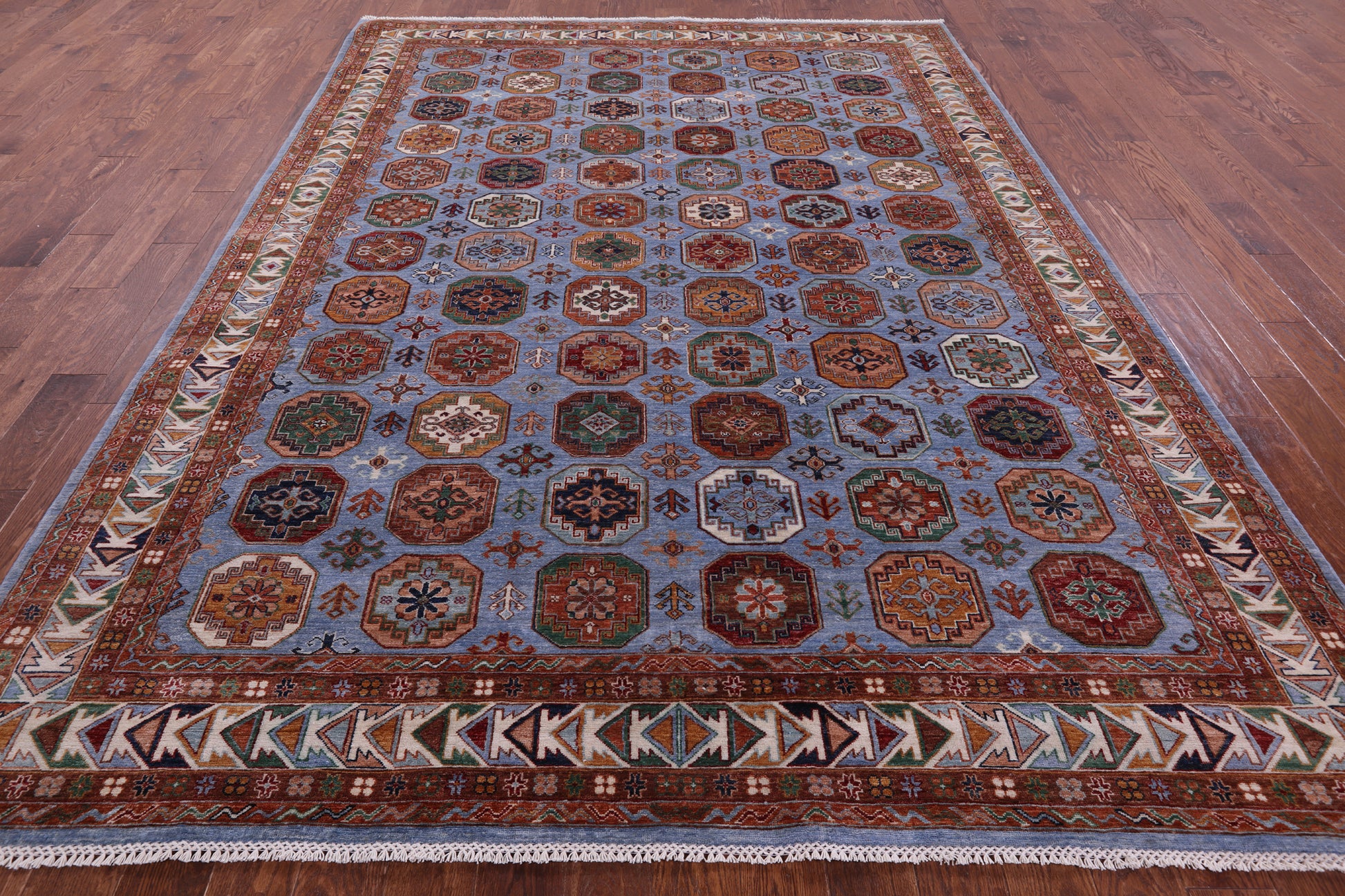 Blue Turkmen Ersari Hand Knotted Wool Rug - 8' 1" X 10' 10" - Golden Nile