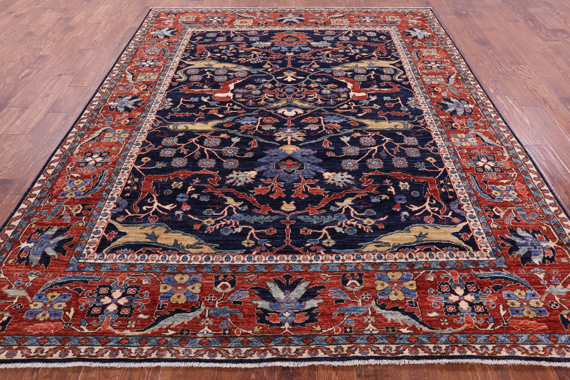 Blue Persian Fine Serapi Hand Knotted Wool Rug - 8' 0" X 9' 9" - Golden Nile