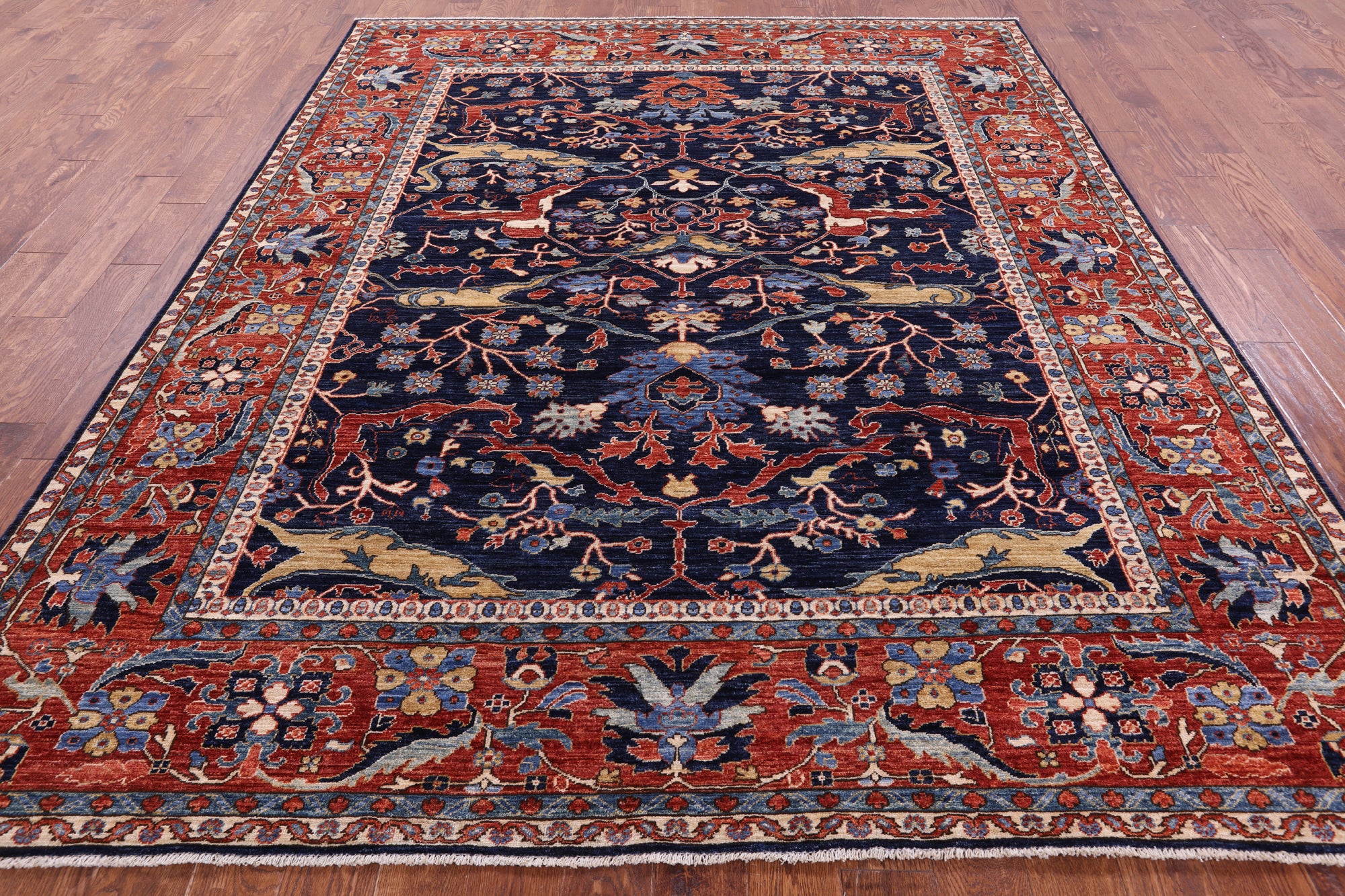 Blue Persian Fine Serapi Hand Knotted Wool Rug - 8' 0" X 9' 9" - Golden Nile