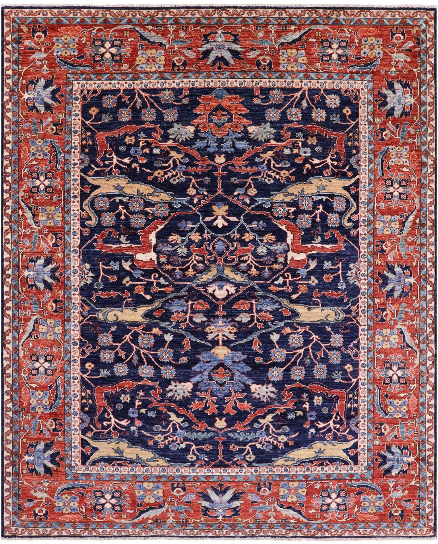 Blue Persian Fine Serapi Hand Knotted Wool Rug - 8' 0" X 9' 9" - Golden Nile