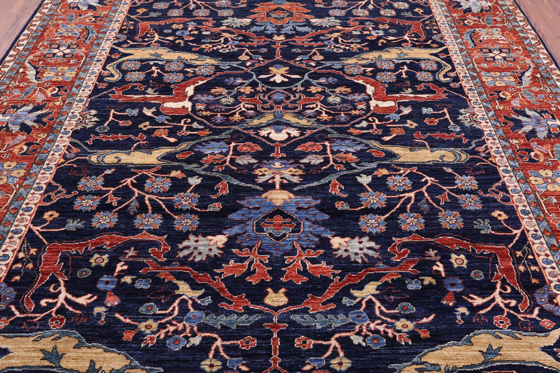 Blue Persian Fine Serapi Hand Knotted Wool Rug - 8' 0" X 9' 9" - Golden Nile