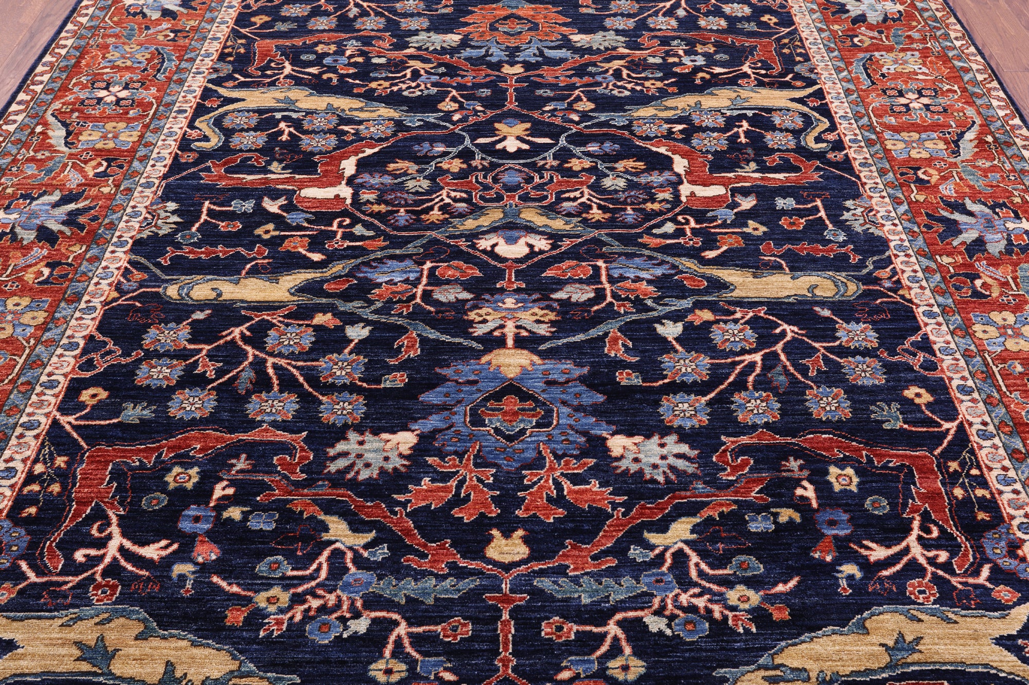 Blue Persian Fine Serapi Hand Knotted Wool Rug - 8' 0" X 9' 9" - Golden Nile