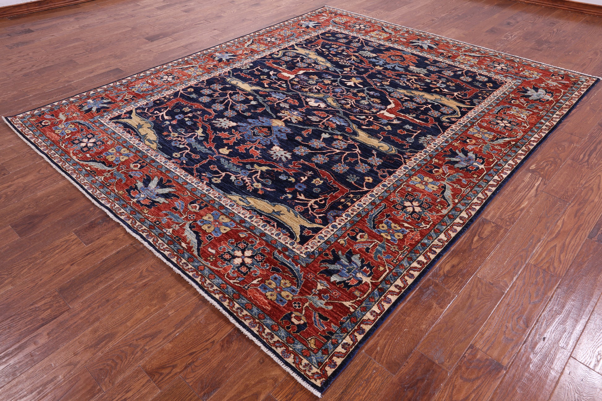 Blue Persian Fine Serapi Hand Knotted Wool Rug - 8' 0" X 9' 9" - Golden Nile
