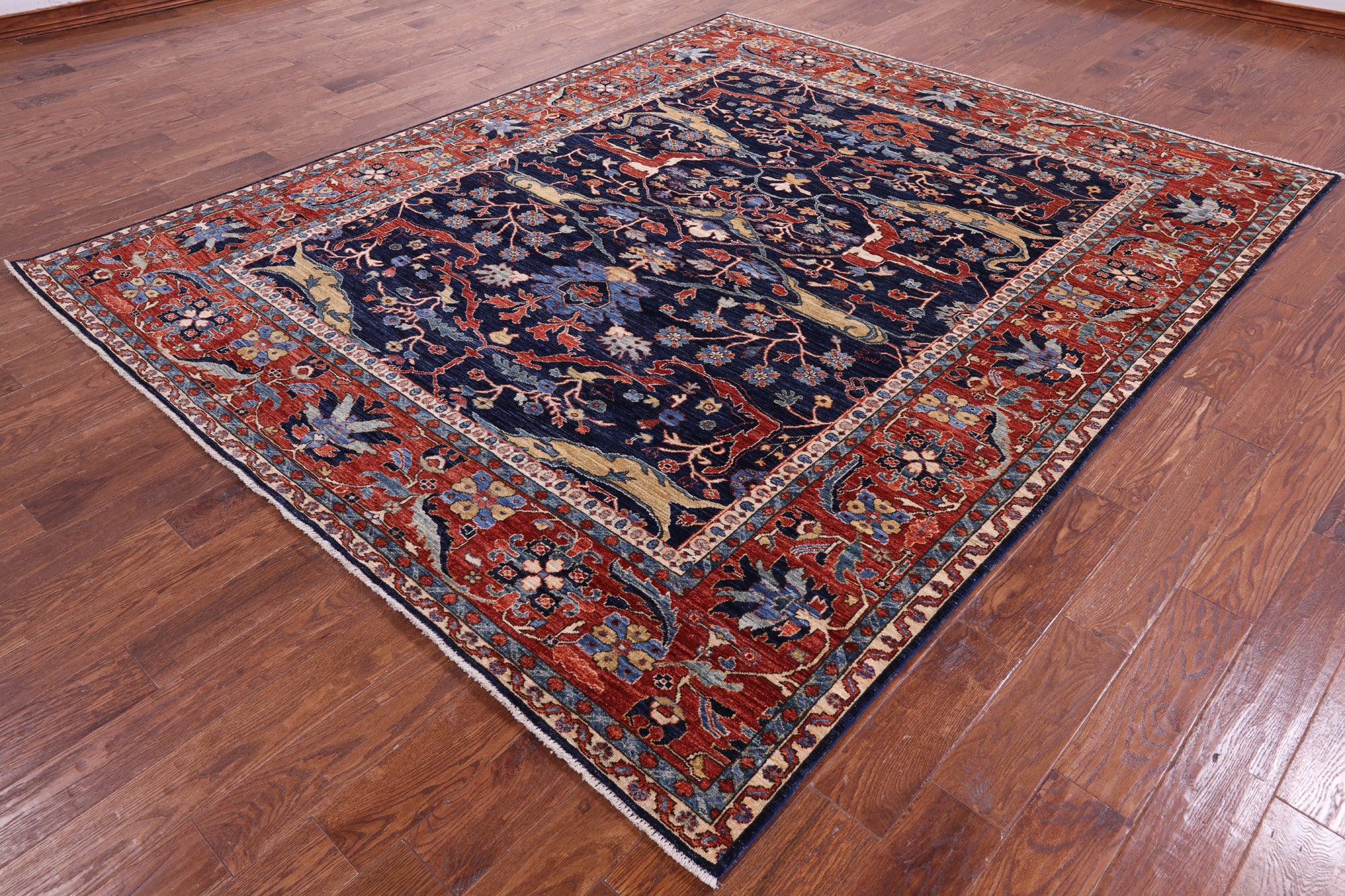 Blue Persian Fine Serapi Hand Knotted Wool Rug - 8' 0" X 9' 9" - Golden Nile