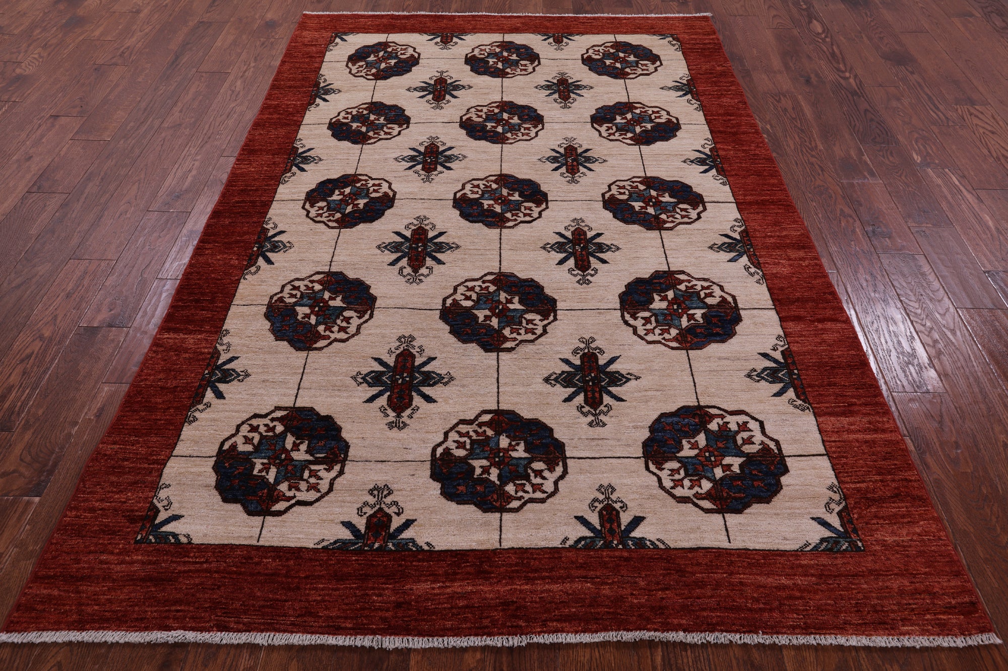 Ivory Turkmen Ersari Hand Knotted Wool Rug - 5' 6" X 8' 3" - Golden Nile
