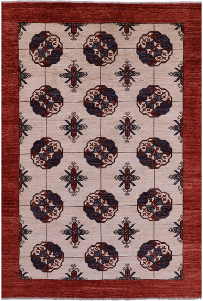 Ivory Turkmen Ersari Hand Knotted Wool Rug - 5' 6" X 8' 3" - Golden Nile