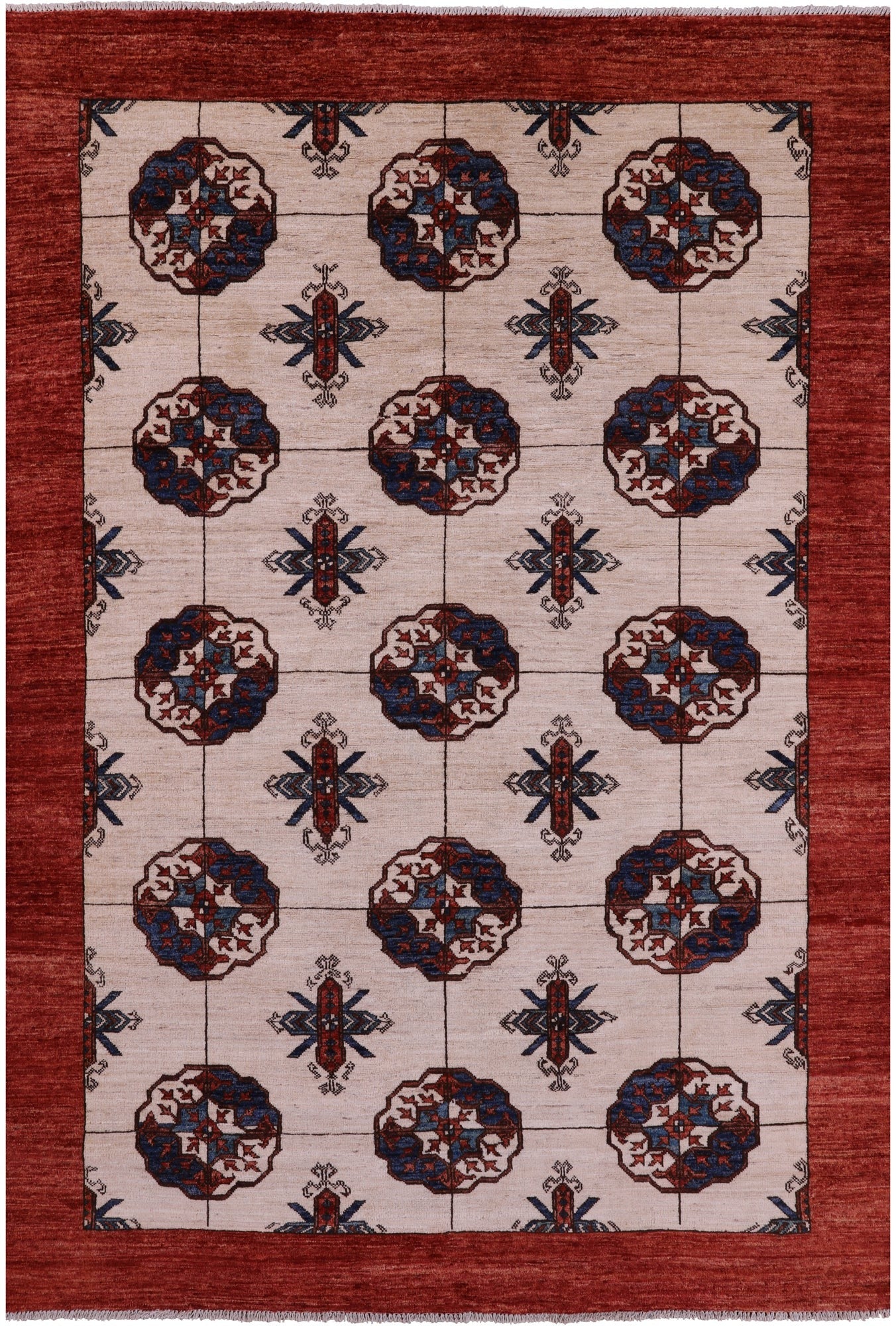 Ivory Turkmen Ersari Hand Knotted Wool Rug - 5' 6" X 8' 3" - Golden Nile