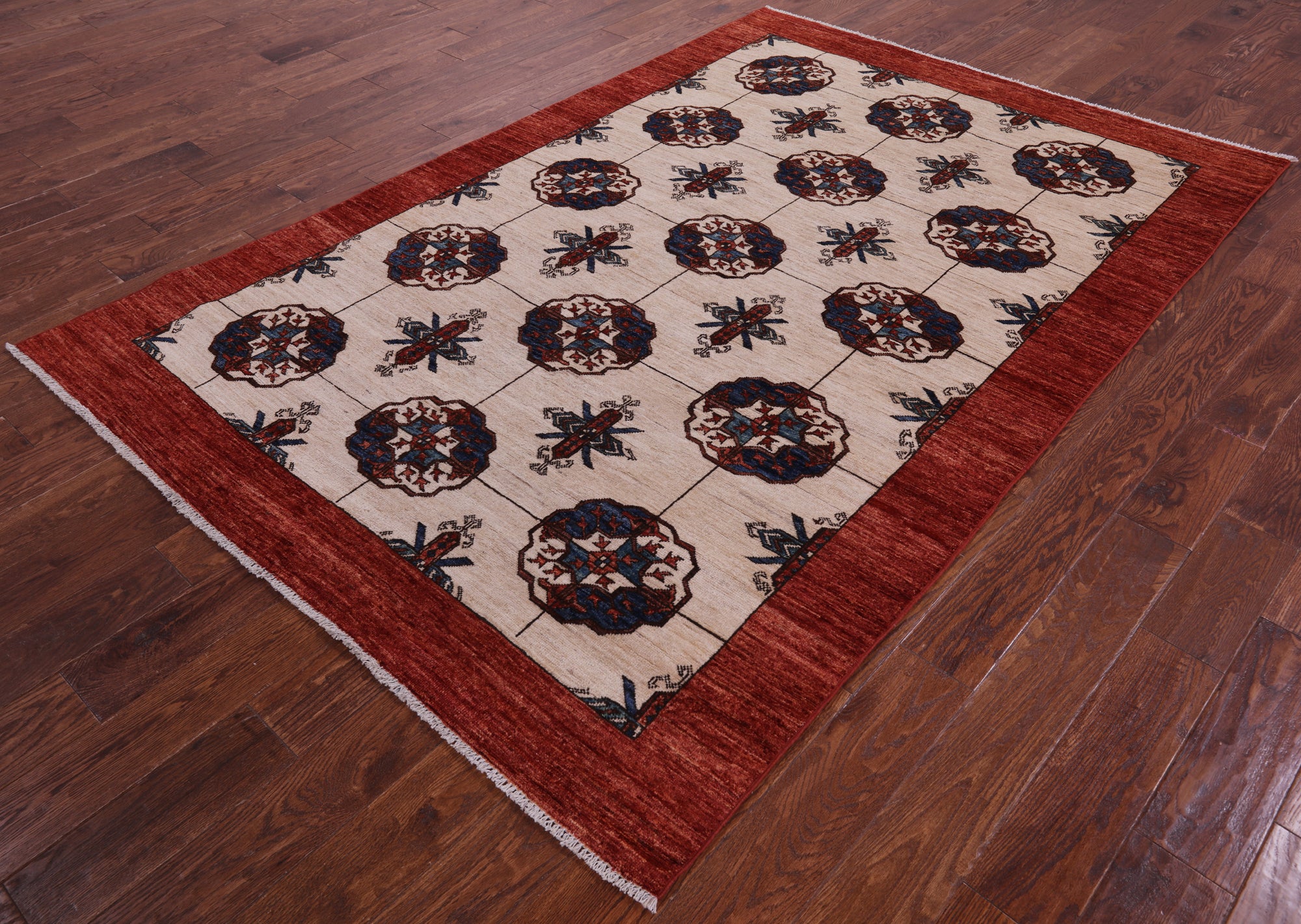 Ivory Turkmen Ersari Hand Knotted Wool Rug - 5' 6" X 8' 3" - Golden Nile