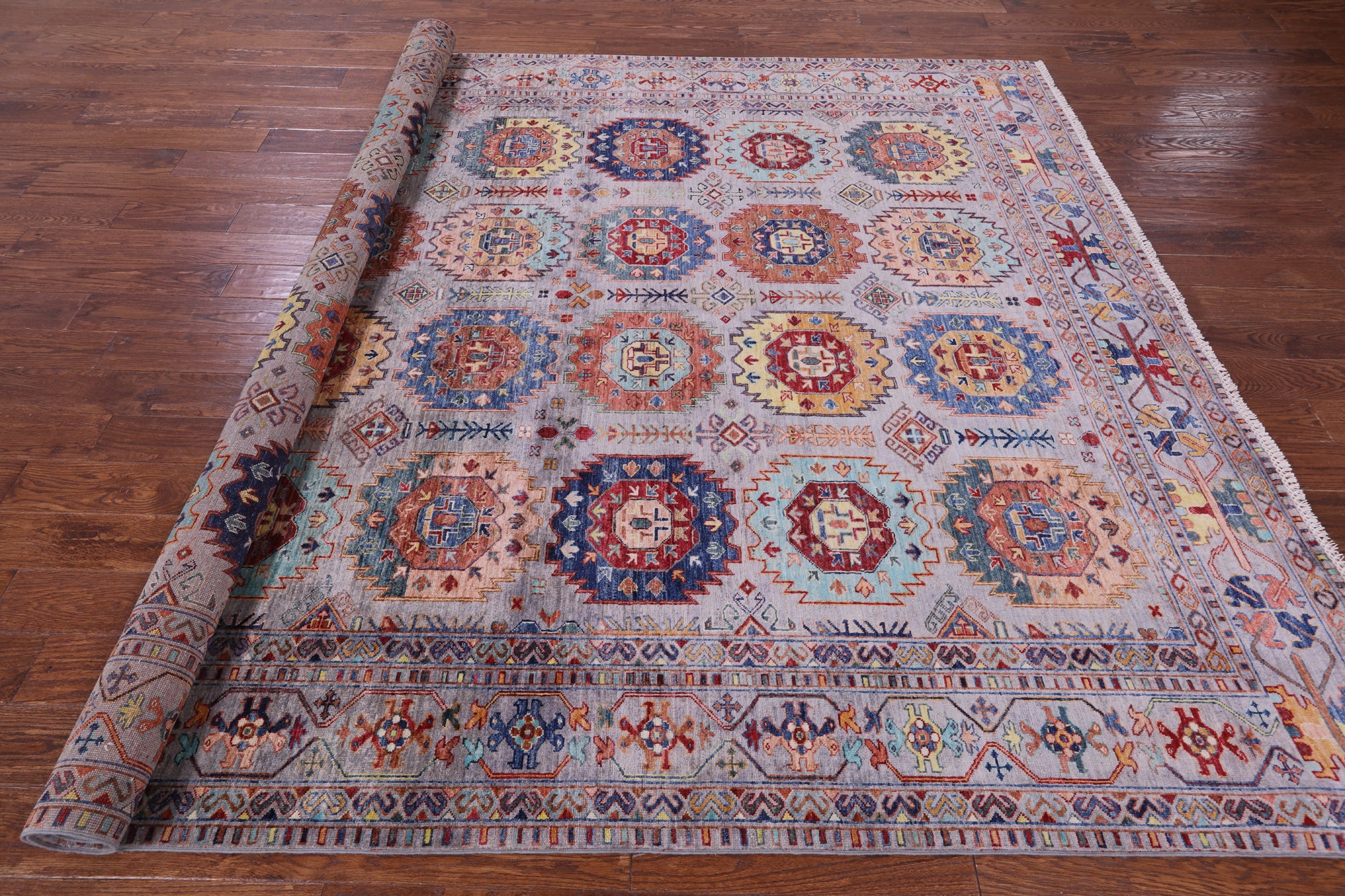 Grey Turkmen Ersari Handmade Wool Rug - 8' 2" X 9' 10" - Golden Nile