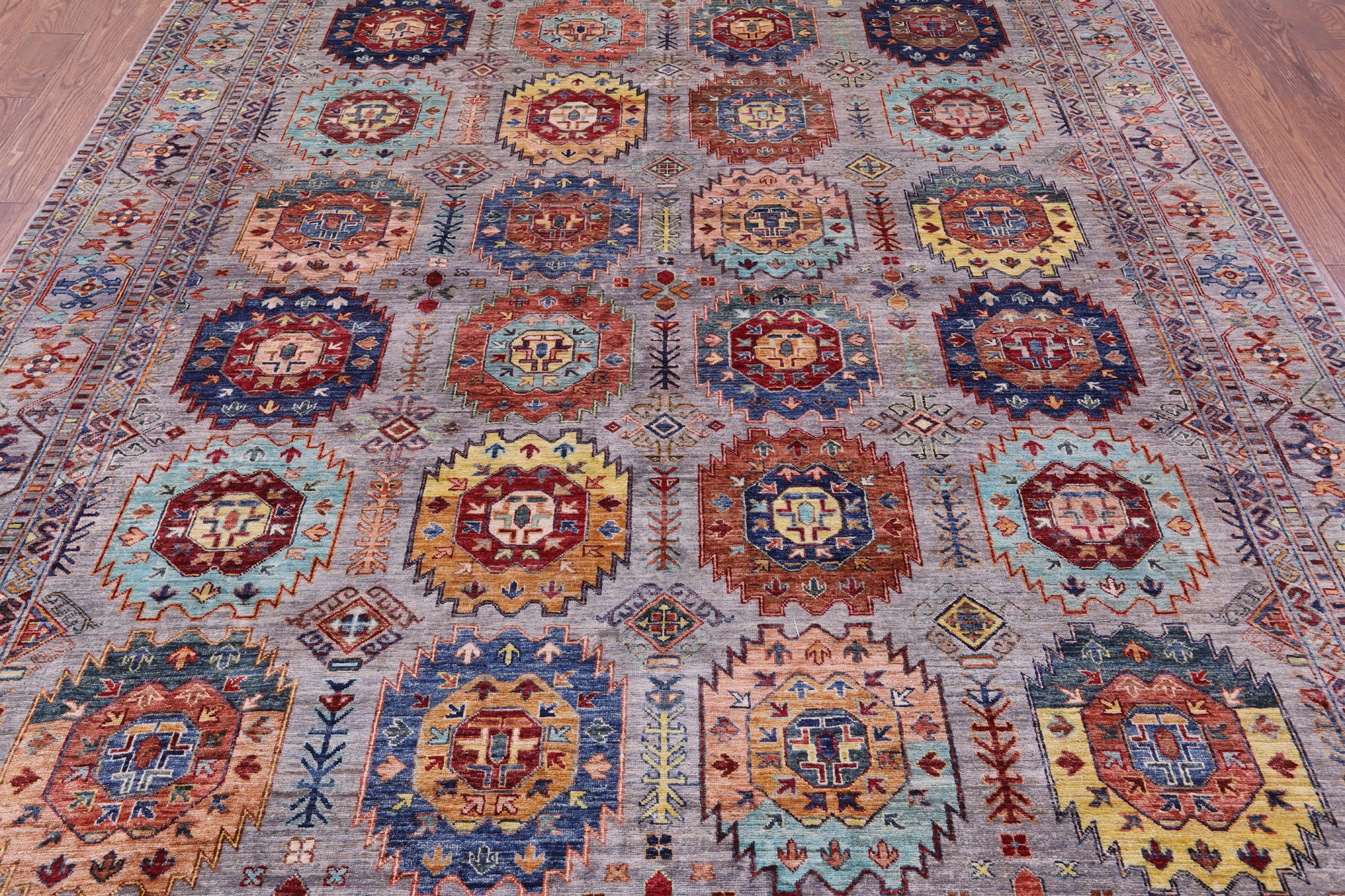 Grey Turkmen Ersari Handmade Wool Rug - 8' 2" X 9' 10" - Golden Nile