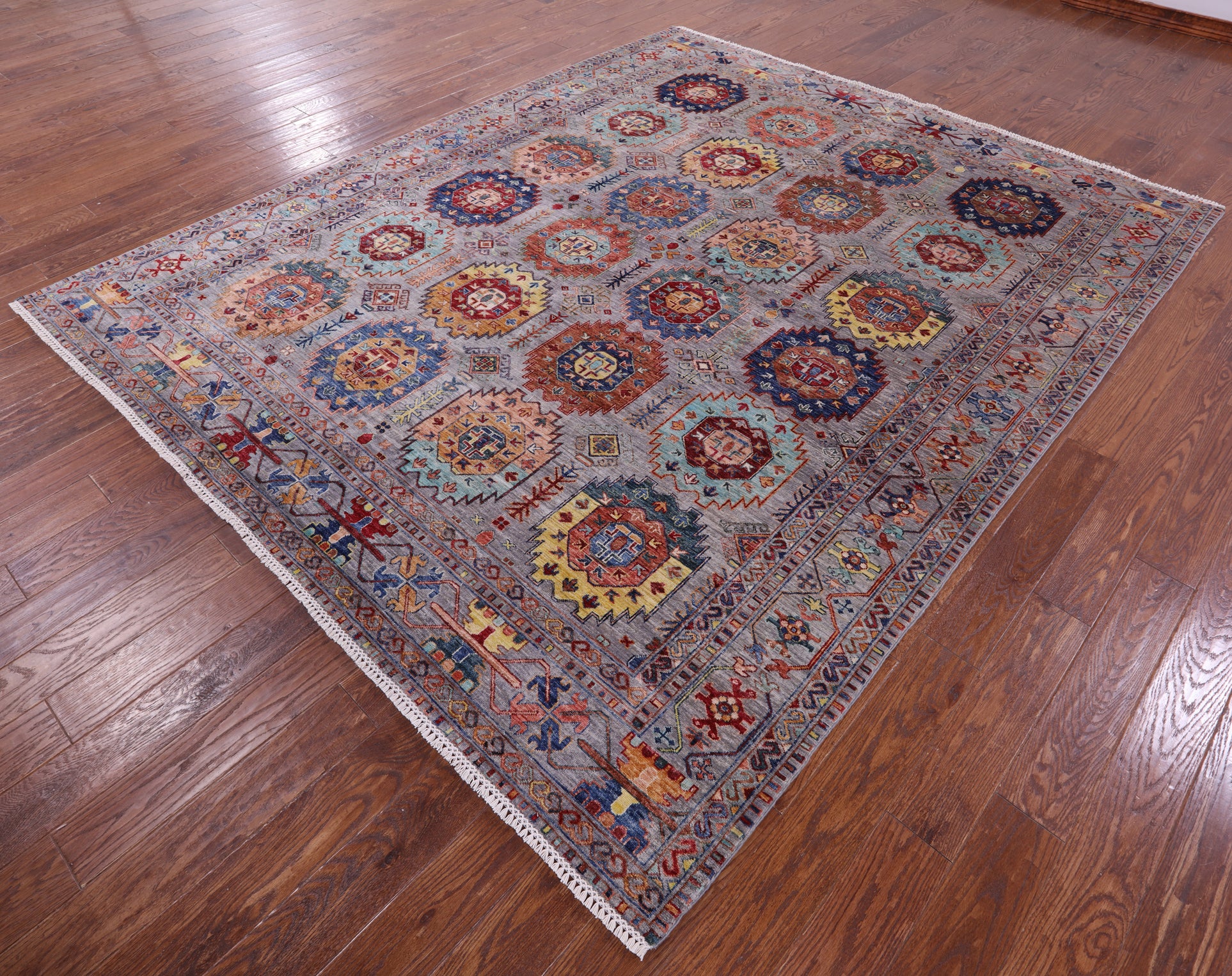 Grey Turkmen Ersari Handmade Wool Rug - 8' 2" X 9' 10" - Golden Nile