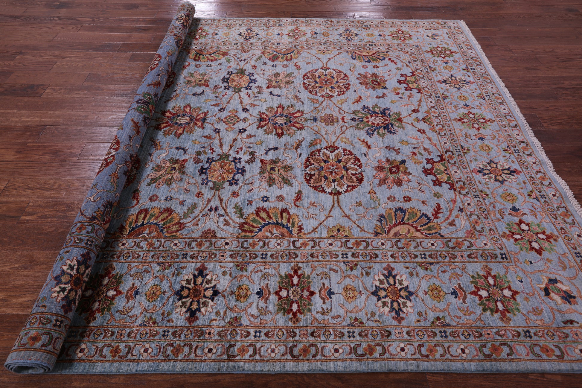 Blue Peshawar Hand Knotted Wool Rug - 8' 3" X 9' 9" - Golden Nile