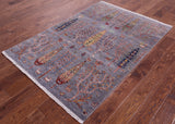 Grey Tribal Persian Gabbeh Hand Knotted Wool Rug - 4' 1" X 5' 11" - Golden Nile